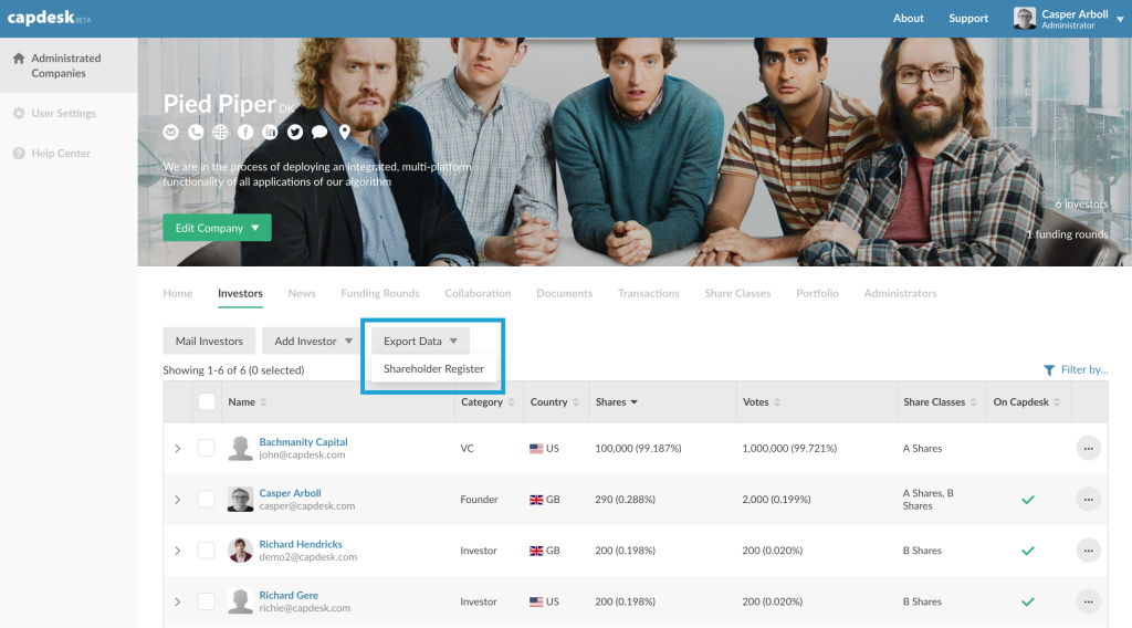 How to export shareholder register on Capdesk
